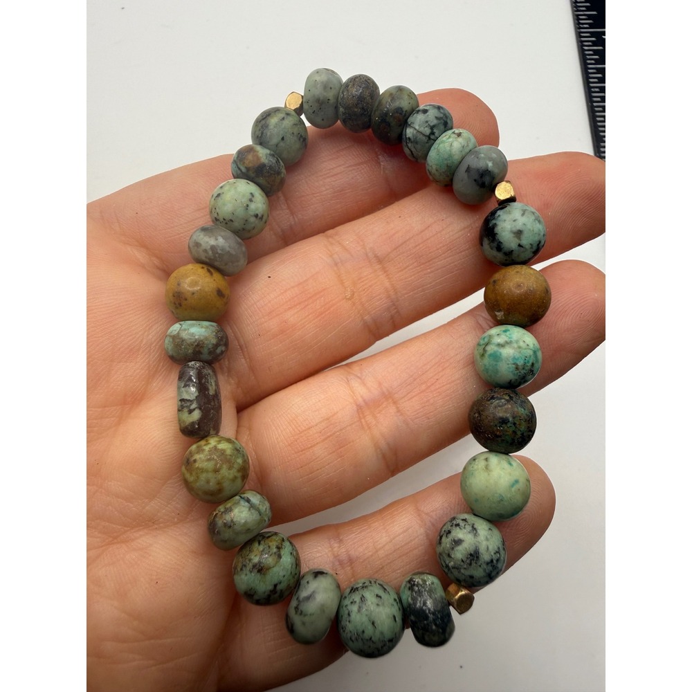 African Turquoise Jasper Beaded Stretch Bracelet Green Teal Boho Gemstone 7 Inch